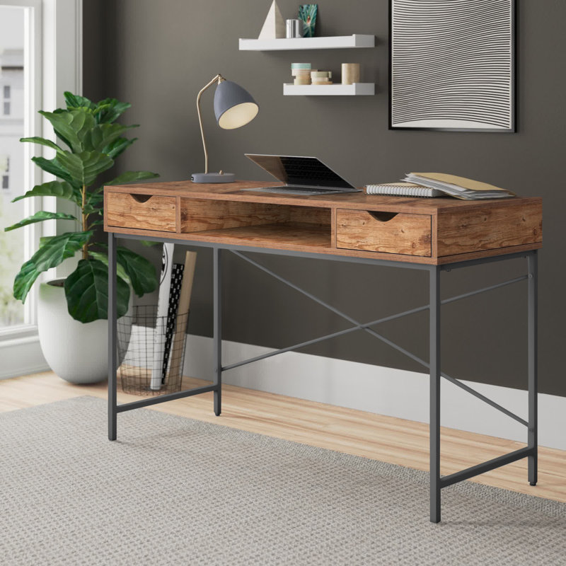 Hakes 47" Wooden Writing Desk with Drawers & Metal Frame, Rustic Brown/Black