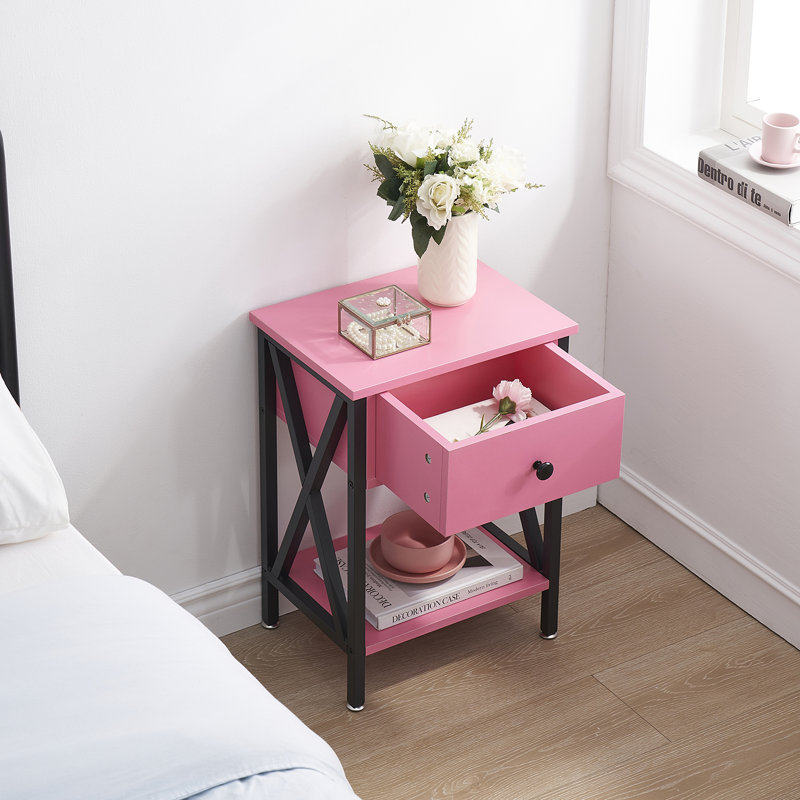 Alameen Nightstand Wood Bedside Table Small Nightstand with Drawer and Shelf for Bedroom, Living Room, Dorm, Pink
