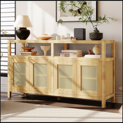 Armoire de rangement en rotin de style bohémien avec structure en bois massif, buffet avec tablettes réglables à 3 positions pour le salon et la salle à manger, conception à pousser sans poignée