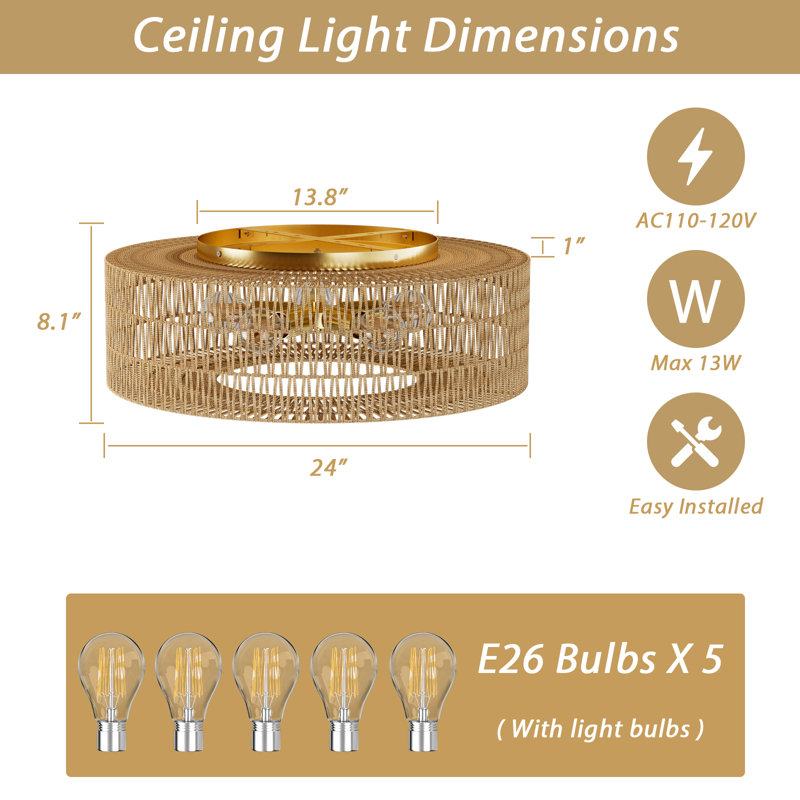 24" Boho Rattan Ceiling Light,5-Light Modern Farmhouse Rattan Light Fixture With Dimmable E26 LED Bulb Gold Handmade Ceiling Lamp For Dining Room,Hallway,Bedroom,Foyer And Kitchen