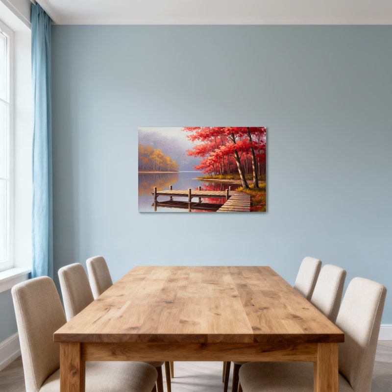 Paysage et nature, automne, quai, lac, arbres rouges, reflet, scène d'eau, H 16 po x l 24 po