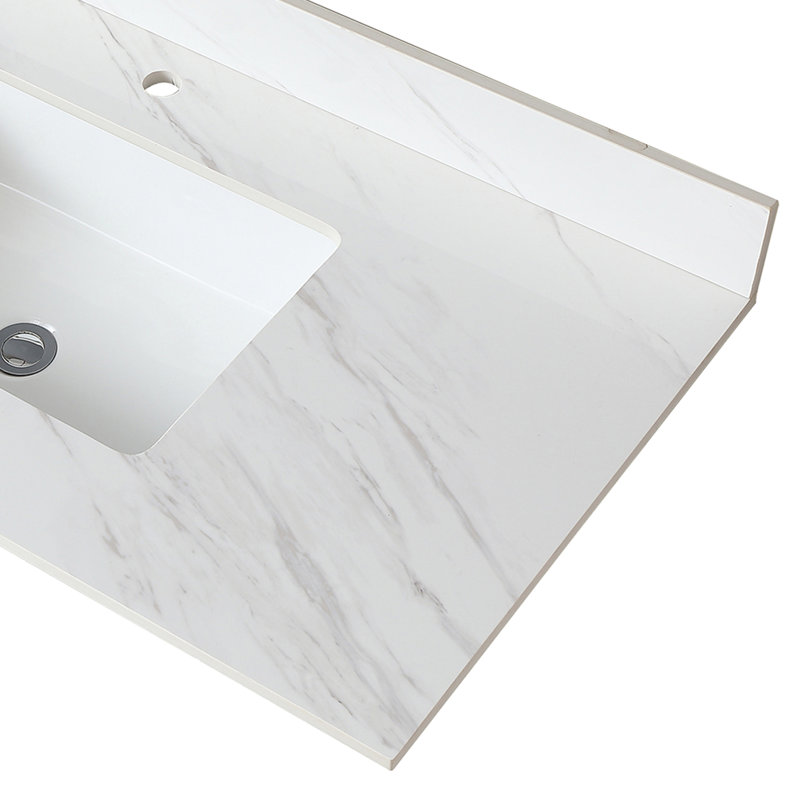 Comptoir de meuble-lavabo en pierre frittée blanche 43 po - avec trous pré-percés pour robinet et dosseret encastrable de 4 po de hauteur