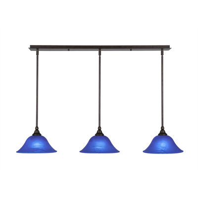 3 Light Stem Hung Linear Pendalier Shown With 10" Blue Italian Glass