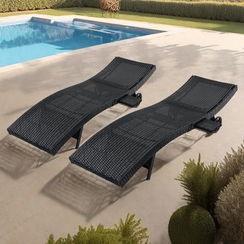 80" Patio Wicker Chaise Lounge Chairs Set of 2 with Adjustable Backrest & Wheels, Black