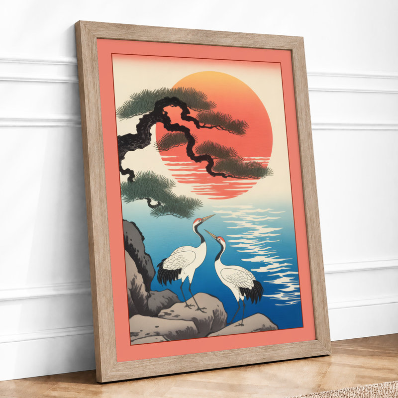 Herons at Sunrise Japandi - Framed Print, A1 - 84.1 x 59.4 cm, Oak