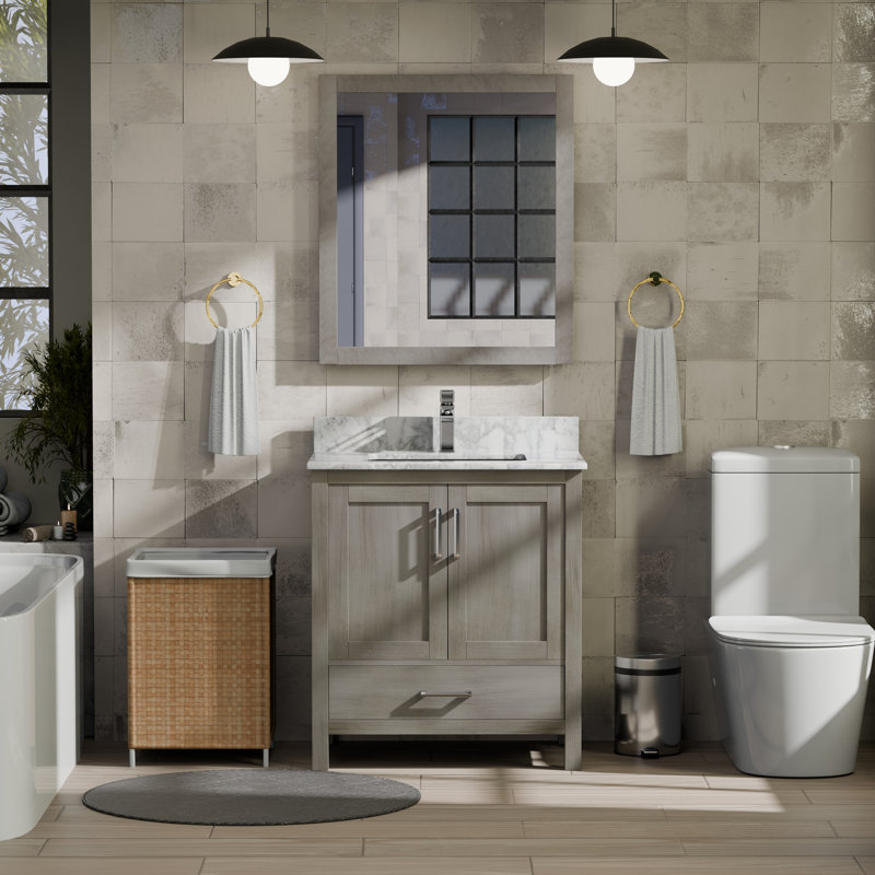 Jacques 30 in. W x 22 in. D Bath Vanity, Top, and 28 in. Mirror, Distressed Gray, White Carrara Marble