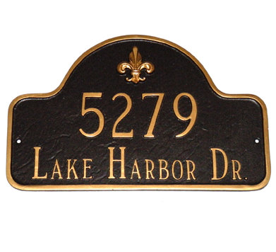 Fleur de Lis 2-Line Lawn Address Sign, Black/Gold