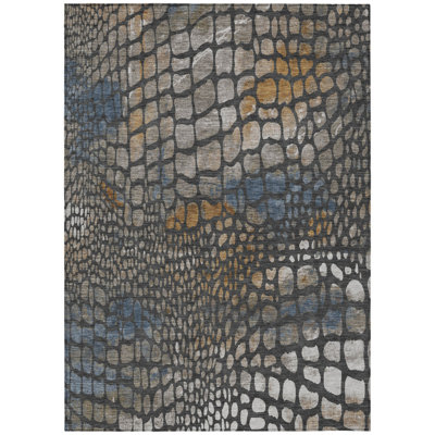 3' X 5' Charcoal Brown And Copper Abstract Washable Indoor Outdoor Area Rug