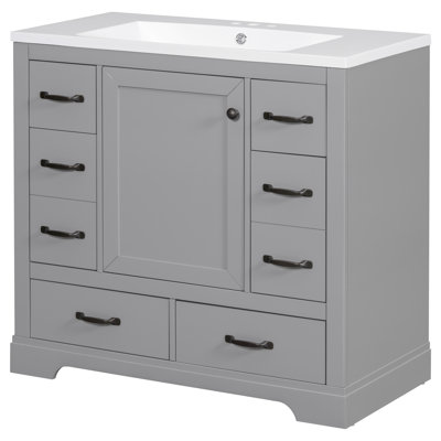 Meuble-lavabo gris de 36 po avec lavabo. Bois massif et. 6 tiroirs, tablette réglable et cloison multifonctionnelle. Style gracieux en céramique. Lavabo à assembler requis, gris. Tiroirs de style contemporain.