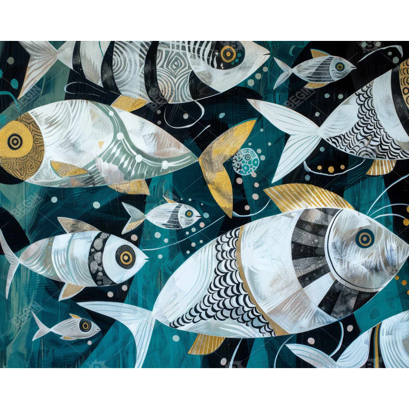 School of Fish - Toile encadrée grise pour la décoration intérieure