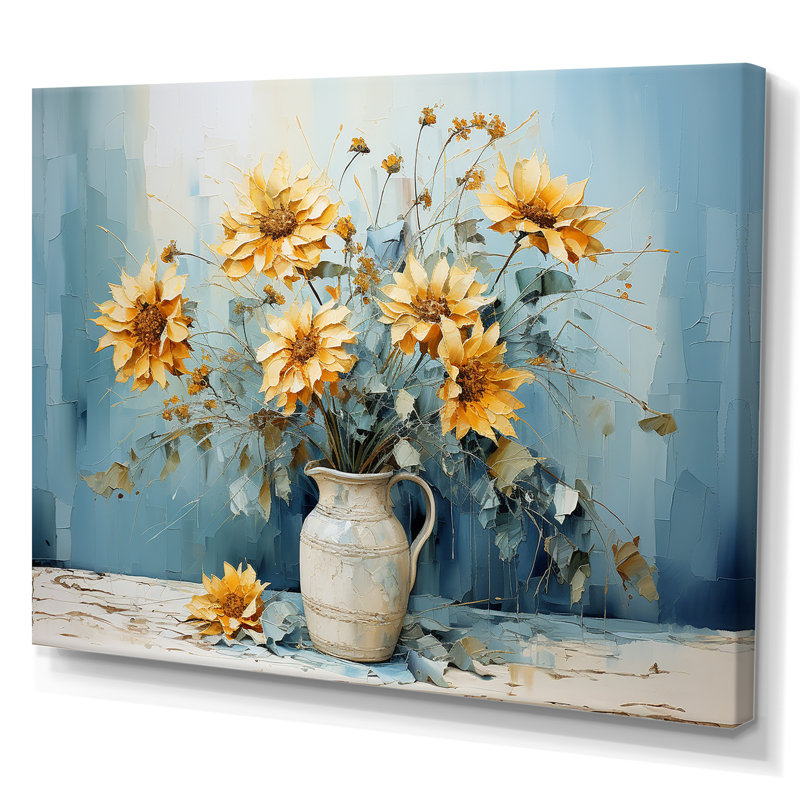 «Blue Sunflowers Farmhouse Still Life» sur toile, H 12 po x l 20 po x P 1 po, Toile tendue