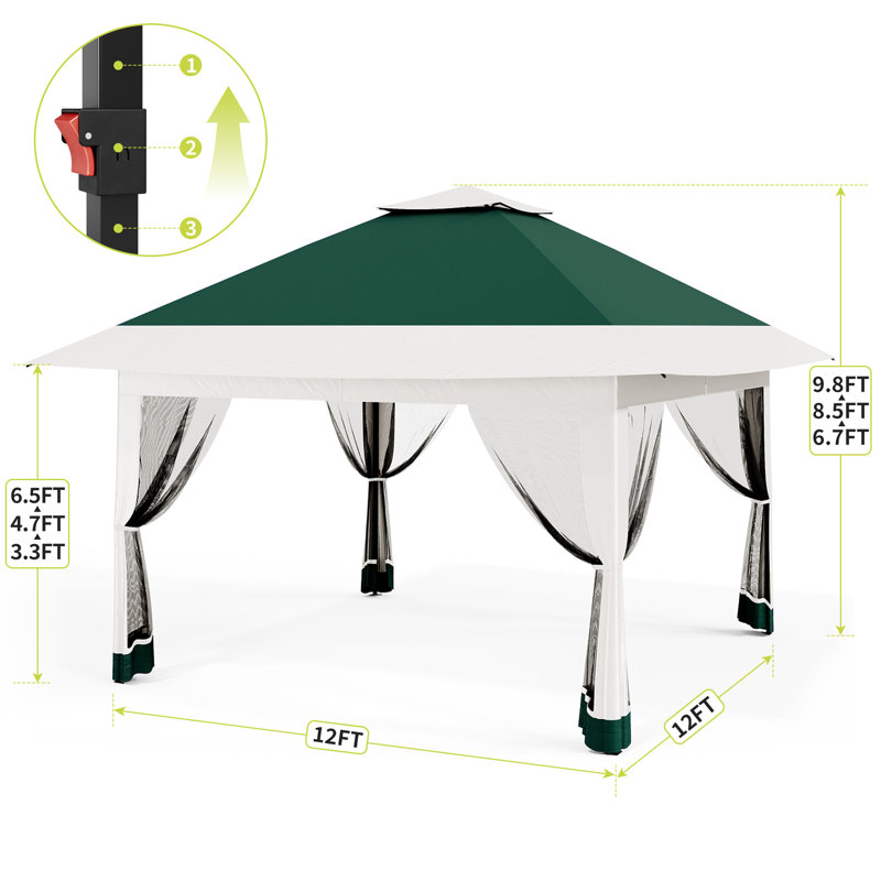 12' x 12' Pop-Up Canopy Tent with Mosquito Netting & 4 Sandbags, One-Push Adjustable Height Gazebo for Backyard, BBQs & Camping