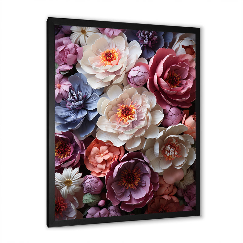Trione, art asiatique, pivoines en rose III sur toile, Cadre photo noir, H 20 po x l 12 po x P 1 po