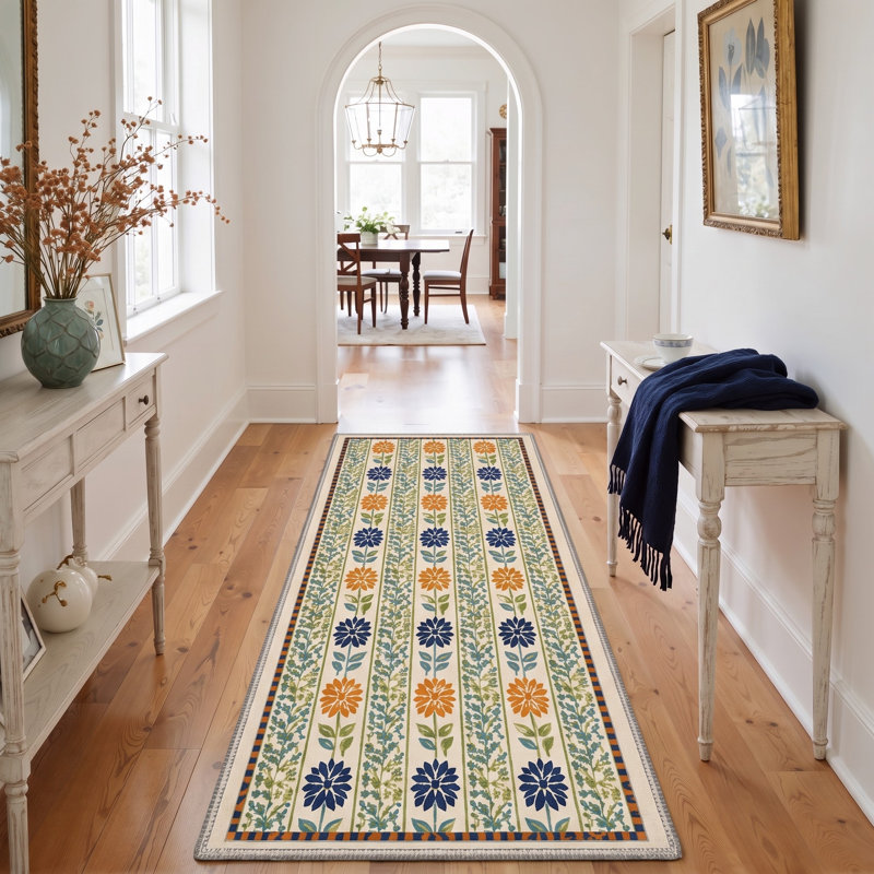 Tapis de couloir floral ivoire / orange lavable à la machine avec envers antidérapant, Tapis de couloir 2 pi 6 po x 8 pi