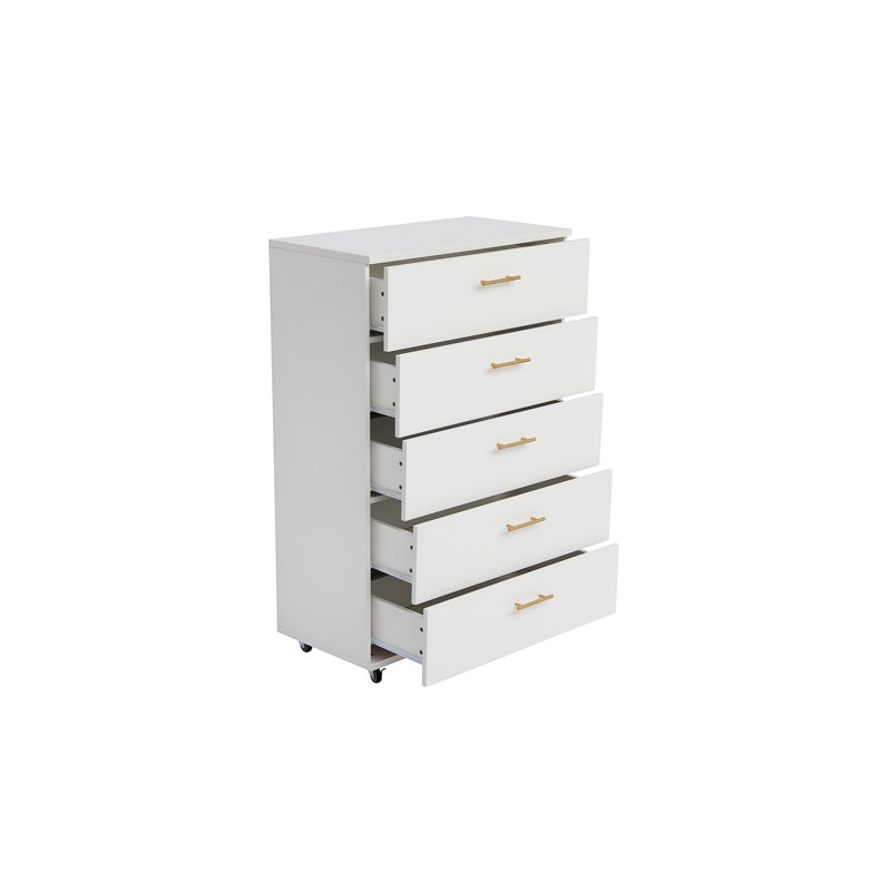 Commode blanche à 5 tiroirs avec poignées - Armoire de rangement moderne (inclut la commode seulement et non le miroir)