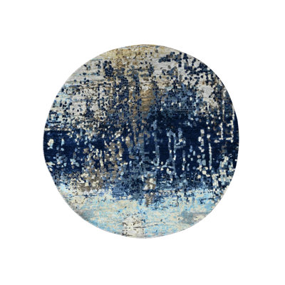 Tapis rond en laine et en soie noué à la main 6 pi x 6 pi bleu Prussian F74493277B904F68B7688700BF928F5B