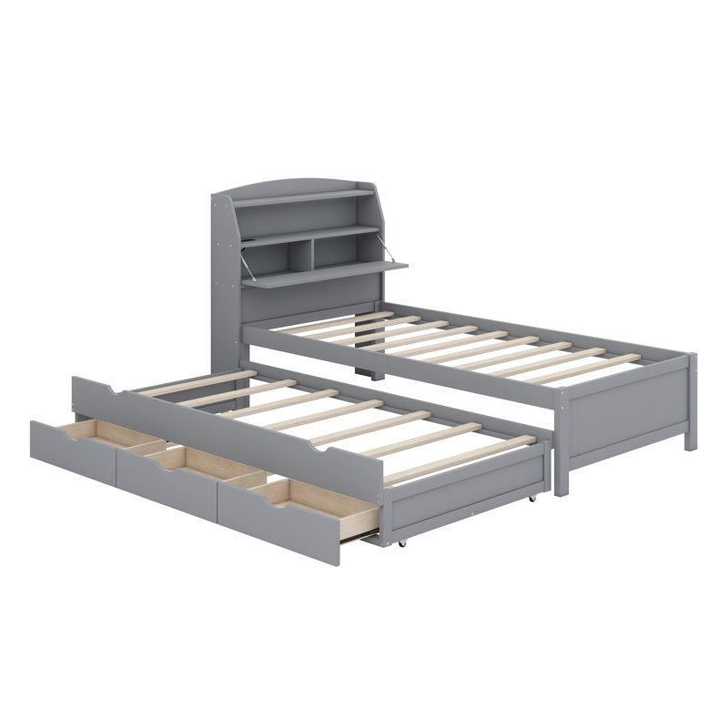 Lit plateforme en bois avec lit gigogne et tête de lit à DEL avec tiroirs, Lit simple, Gris