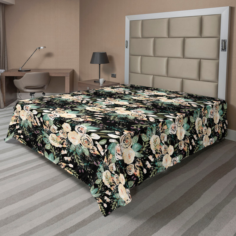 Ambesonne Flowers Flat Sheet Nostalgia Farmhouse, Almond Green Cream Black