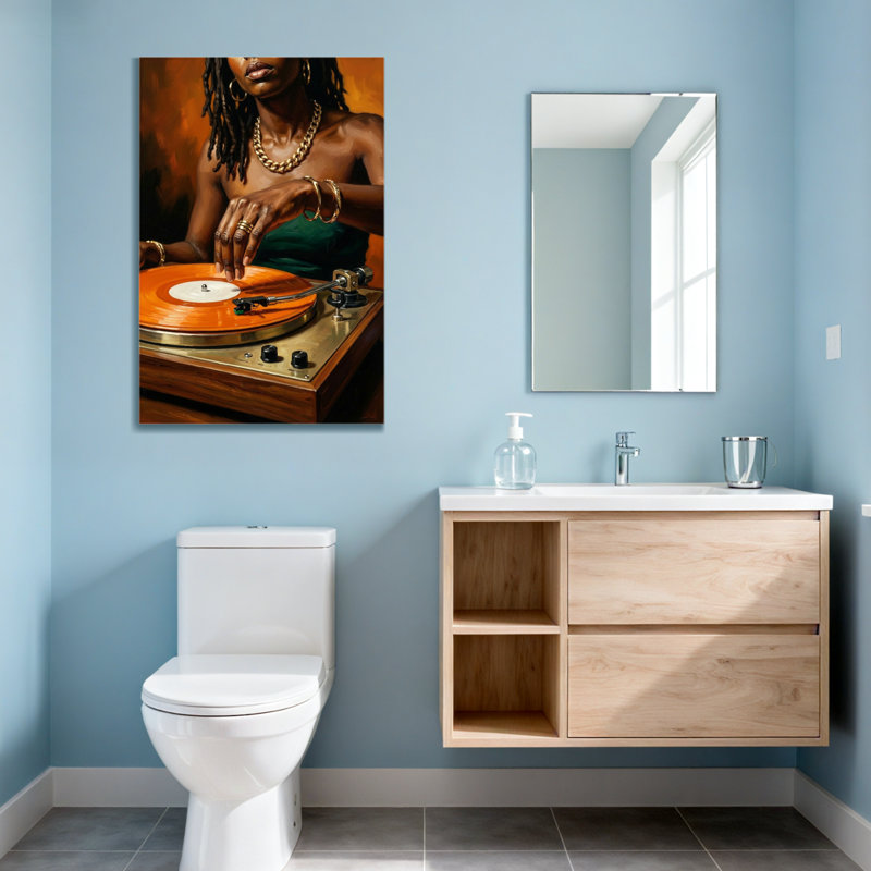 Femme à la mode avec des dreadlocks jouant du disque vinyle, H 18 po x l 12 po