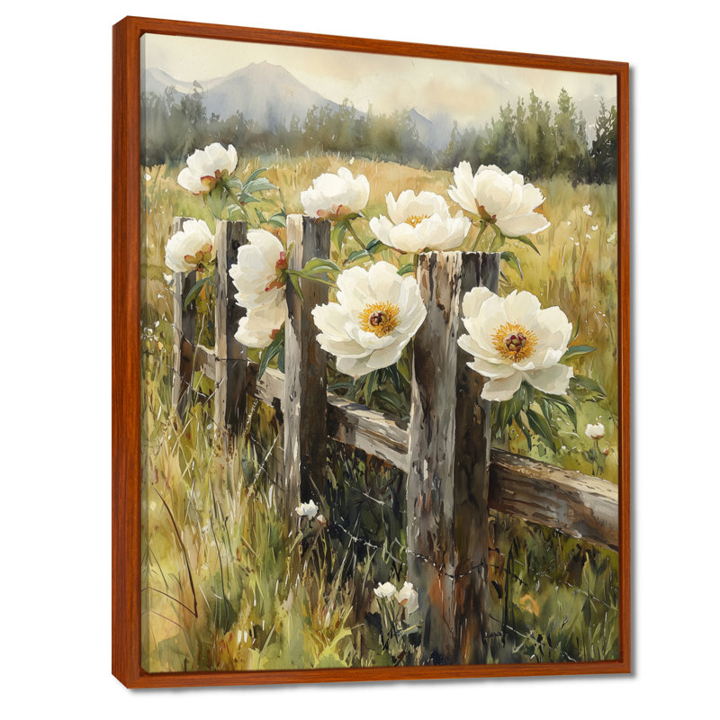 Pivoines dans la clôture pastorale I - Décoration murale pivoines, H 32 po x l 16 po, Reproduction avec cadre flottant, Brun