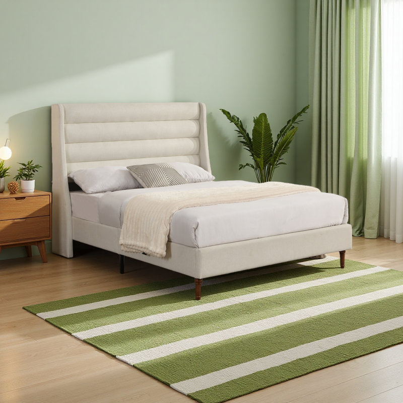 Lit plateforme tapissier avec tête de lit haute et tête de lit ondulée, tissu chenille de qualité supérieure, lit plateforme minimaliste moderne sans sommier, assemblage facile