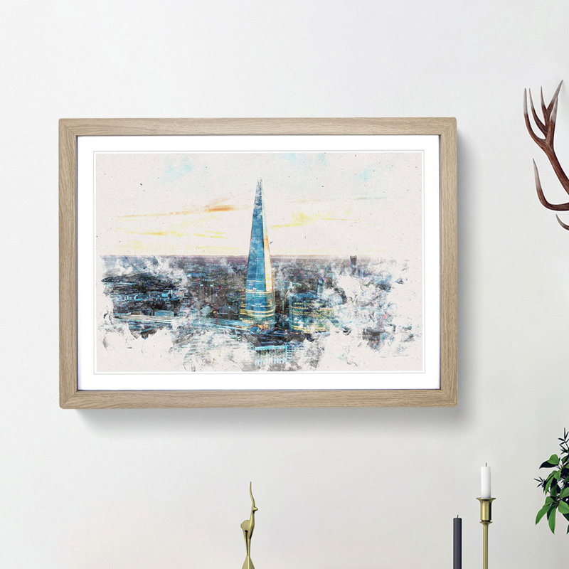 The Shard London England Skyline - Picture Frame Painting Print, 45cm H x 63cm W x 2cm D, Oak Framed
