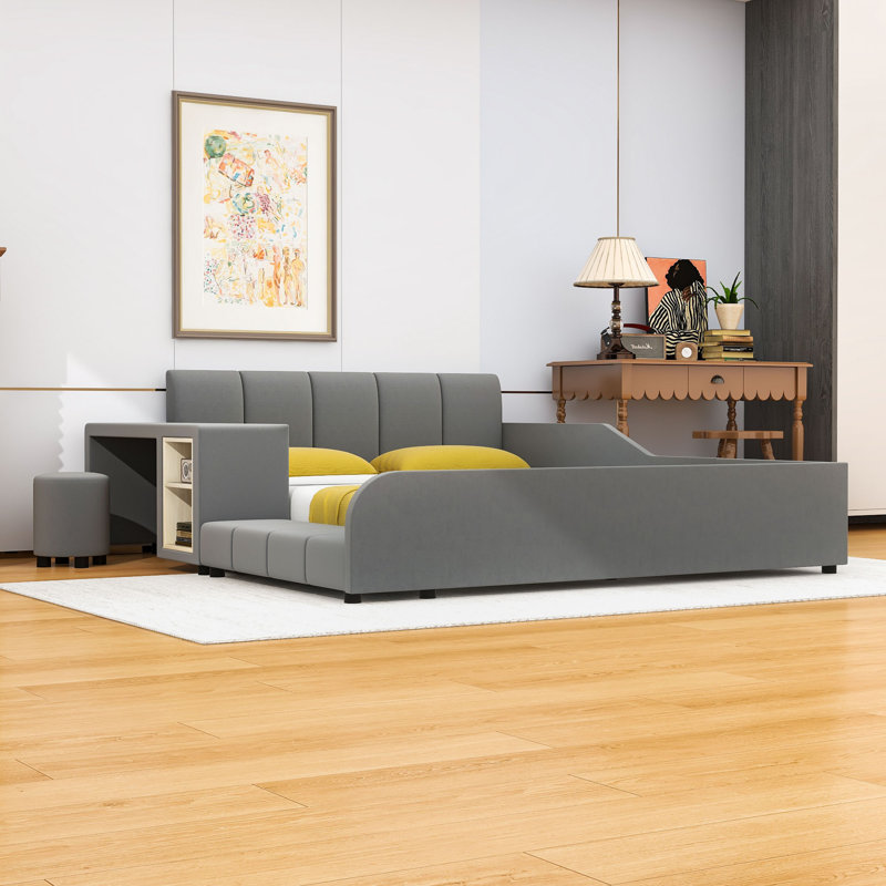 Lit plateforme tapissier en bois avec bureau de chevet, tabouret rond et tête de lit, Gris, Grand lit