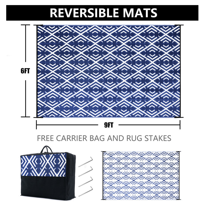 Tapis d'extérieur à motif géométrique moderne réversible, Rectangle de 5 pi x 8 pi, Bleu/blanc