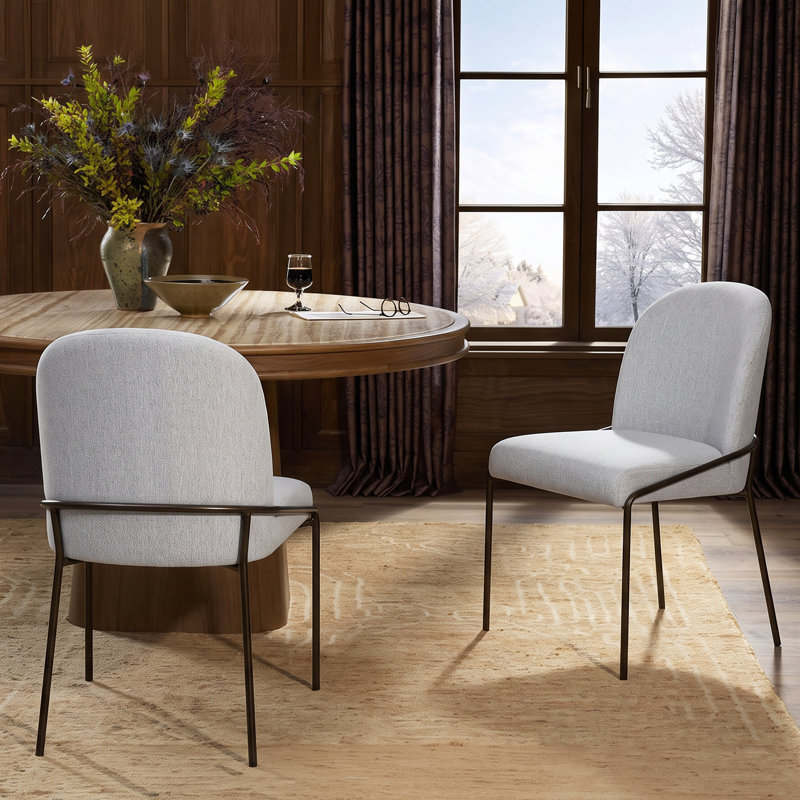 Renzo Modern Bronze Iron Dining Chair With Soft Linen-Textured Upholstery, Light Gray/Bronze
