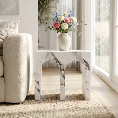 Modern Side Table with Faux Marble Design, M-Shaped End Table For Living Room/Hallway
