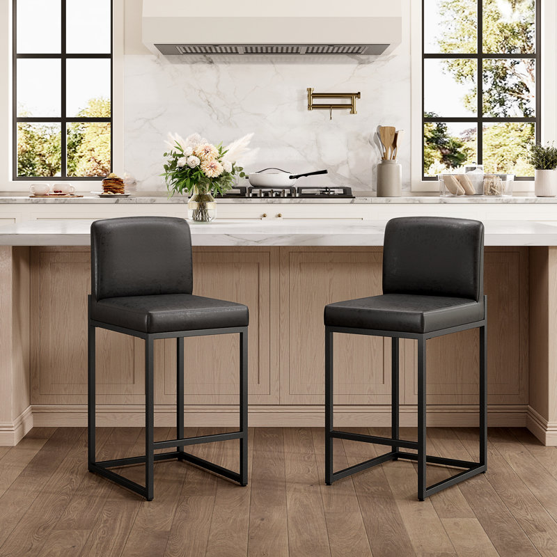 61cm Modern Upholstered Kitchen Counter Stool with Metal Sled Base & Faux Leather, Midnight, 2