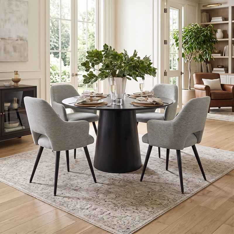 Ensemble de salle à manger rond avec table à pied centrale de 42 pouces et 4 chaises de salle à manger rembourrées, Gris