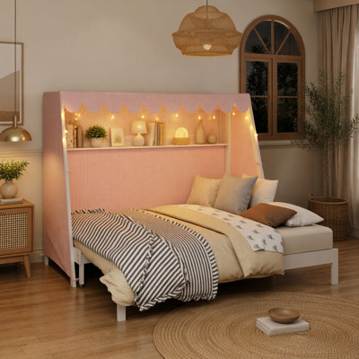 Twin XL House Bed with Trundle, Shelf, Tent, and LED Light for Cozy and Secure Sleep
