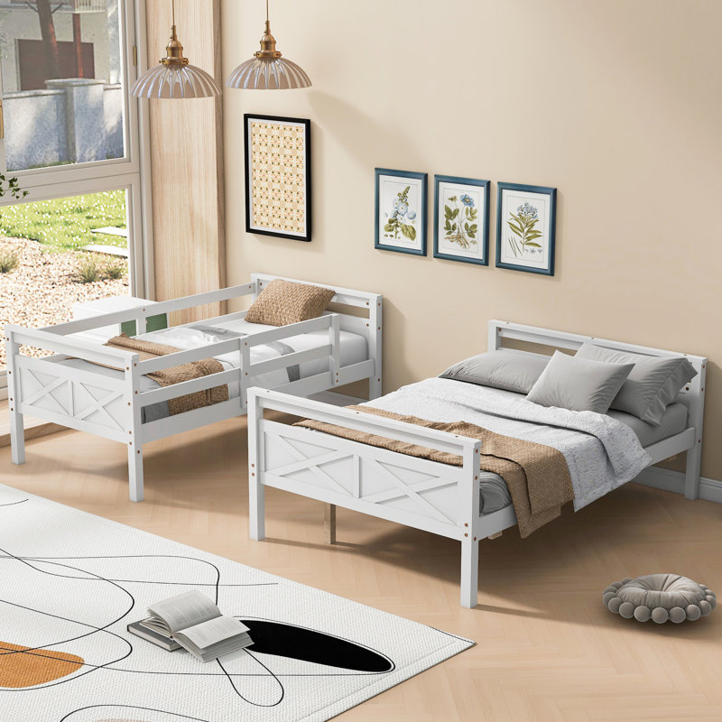 Twin Over Full Bunk Bed For Bedroom Space - White And Safe With Guardrail White, &, White
