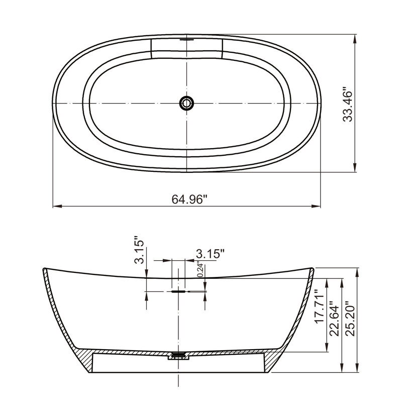 65 Inch Oval Black Freestanding Bathtub Solid Surface Matte Finish