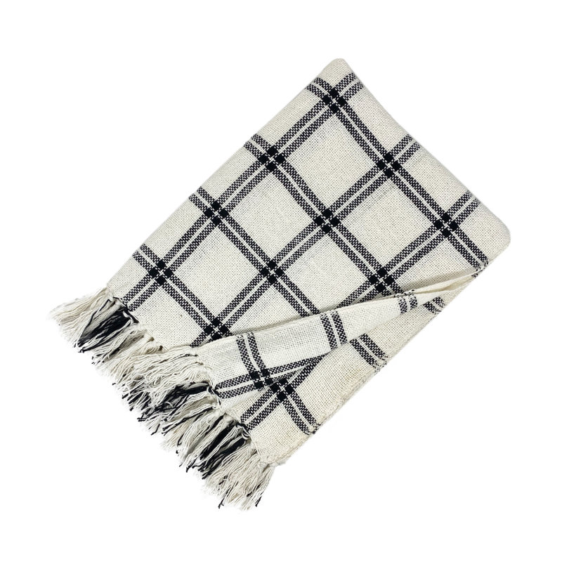 Jeté en coton Double Windowpane, Blanc / noir