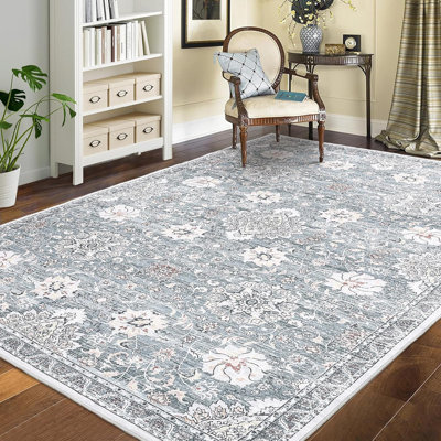 5 x 7 tapis Tapis lavables pour chambre à coucher Tapis orientaux pour le salon Tapis Boho rétro pour la salle à manger Tapis antidérapant Tapis résistant aux taches pour la salle à manger Classe bleu gris