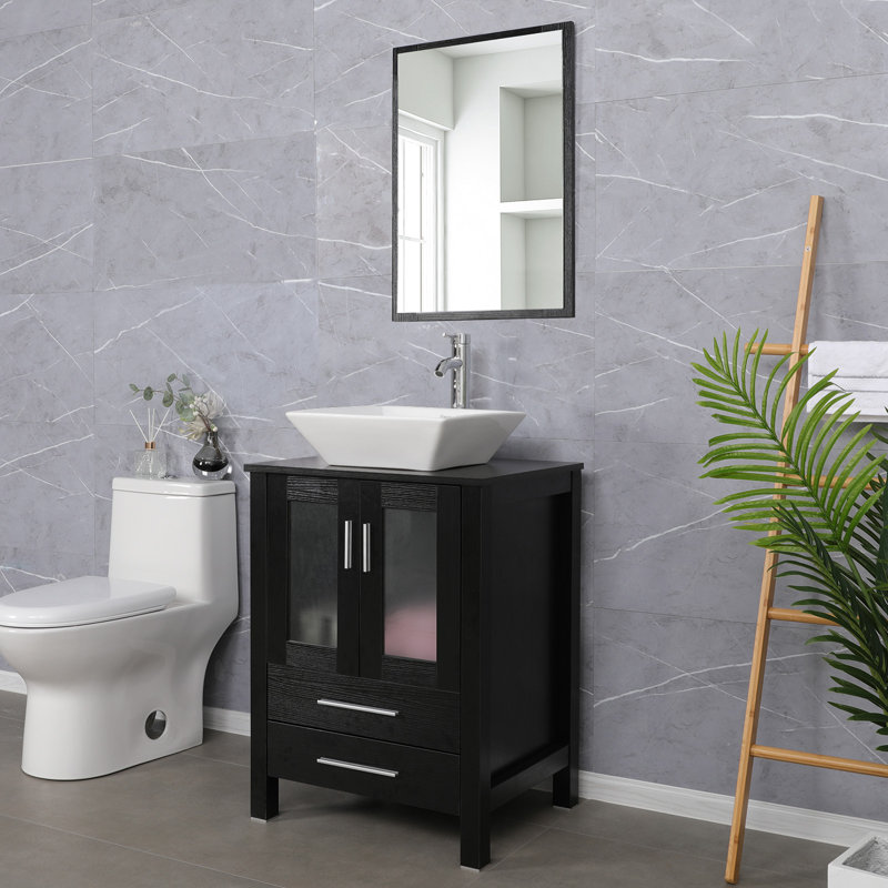  Ensemble de meuble-lavabo simple 24 po avec lavabo vasque en céramique, plateau en bois manufacturé, Noir, Espresso foncé
