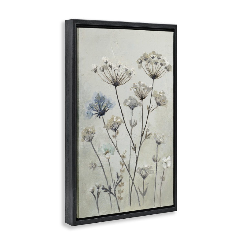 «Wild Dandelion Sprigs», art mural encadré par flotteur, H 25 po x l 17 po, Cadre flottant noir de jais