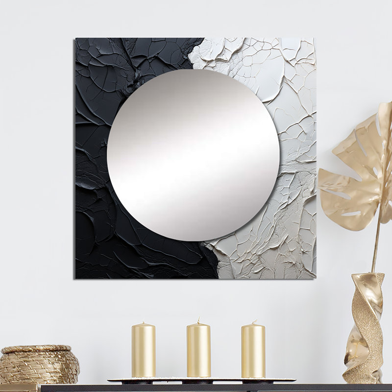 Minimalisme noir et blanc peint en coin - Grand miroir mural carré pour chambre à coucher, 36 po x 36 po
