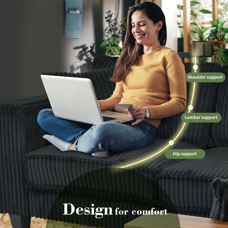 Canapé modulaire en L Corduroy avec rangement pour accoudoirs et sièges profonds, Black Corduroy