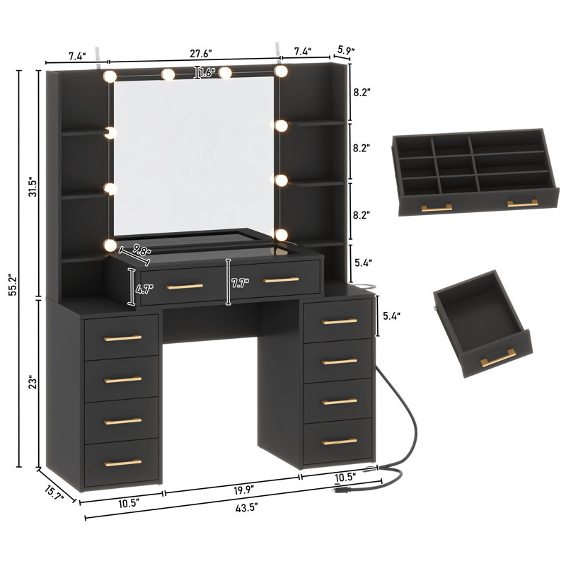 Bureau de coiffeuse en verre trempé avec lumières DEL et station de charge, Noir