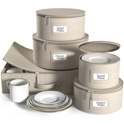 Sorbus 5-Piece Stackable Plate Carrier Set for Dinnerware, Plate Organization and Storage with Felt Plate Protector, Beige