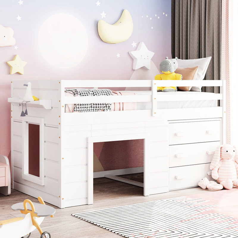 Solid Wood Twin Size Loft Bed - White, With Cabinet And Shelf For Practical Use White Frame Functional Cabinet/Shelf