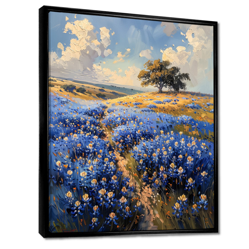 Décoration murale bleue bleu vert bleu Bonnets Tranquility Field II - Blue Bonnets, Cadre flottant noir, H 34 po x l 44 po