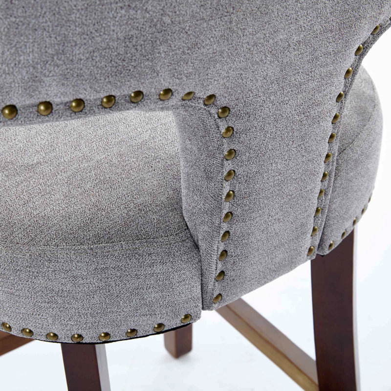 Mid Century Modern Counter Height Bar Stools Set Of 2, Farmhouse Linen Fabric Upholstered Accent Chair Curved Backrest With Copper Nails Around,Kitchen Chairs With Hardwood Frame