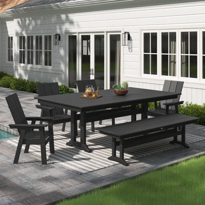 Modern Adirondack Curveback Adirondack 6-Piece Farmhouse Dining Set with Trestle Legs and Bench