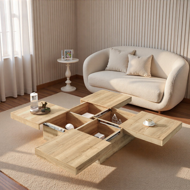 Table basse carrée en placage avec plateau coulissant et beaucoup de rangement, Naturel