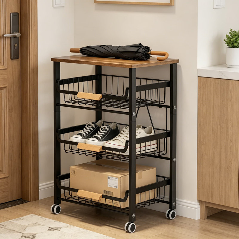 Panier de fruits et légumes pour la cuisine, organisateurs de garde-manger à 4 niveaux et rangement, organisateur de collations pour comptoir, étagère de rangement en fil métallique avec paniers coulissants et plateau de table en bois