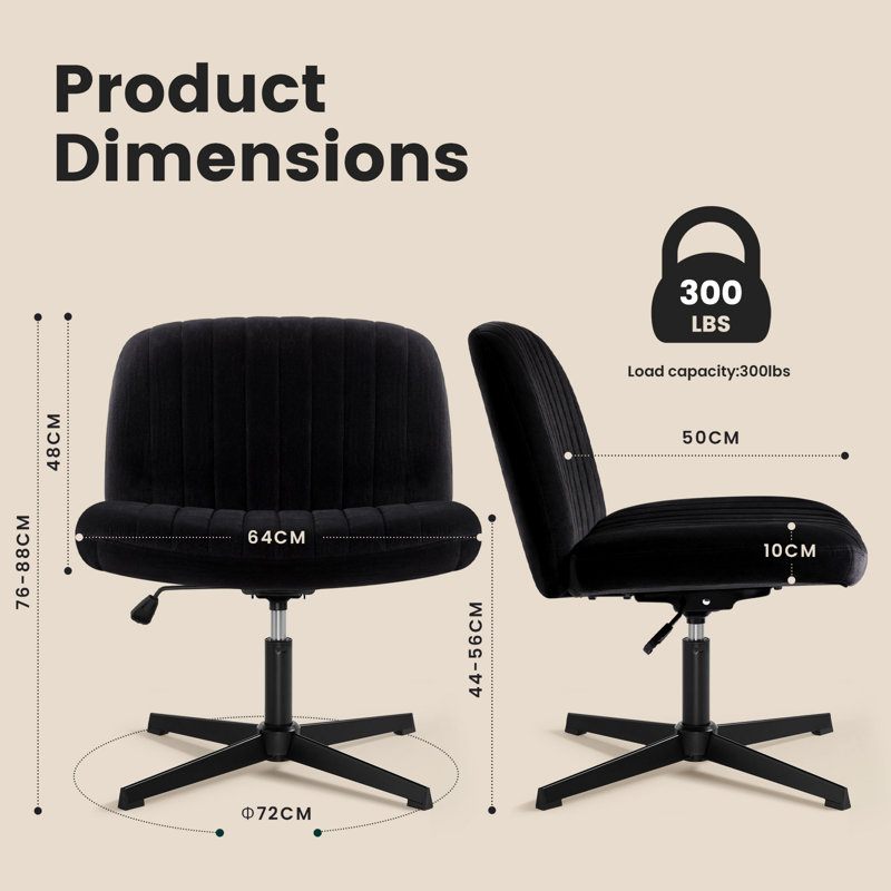 Chanute Armless Wide Desk Chair, Black, Velvet